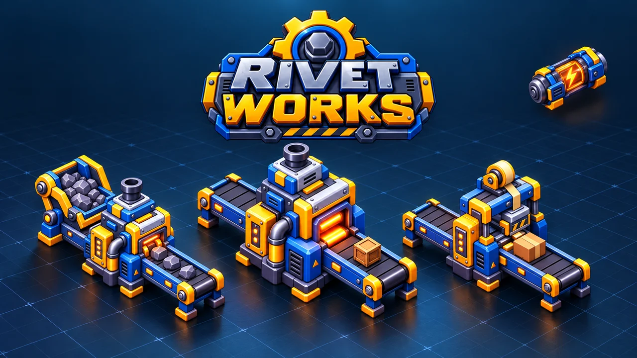 Rivet Works factory machines and conveyors on a blueprint grid